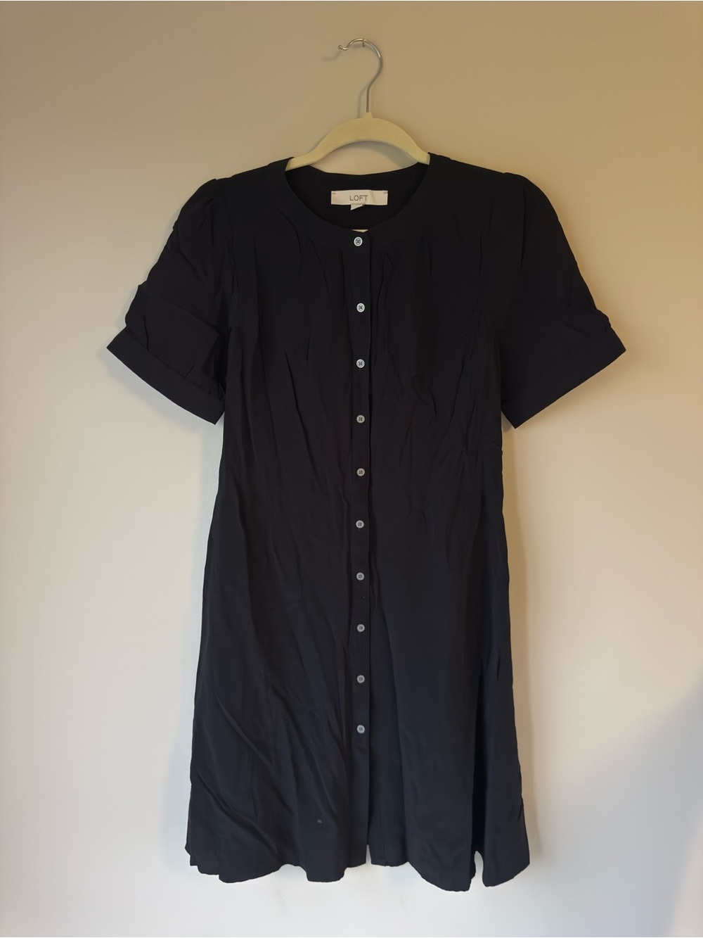 LOFT Black Short-Sleeve Button-Front Mini Dress